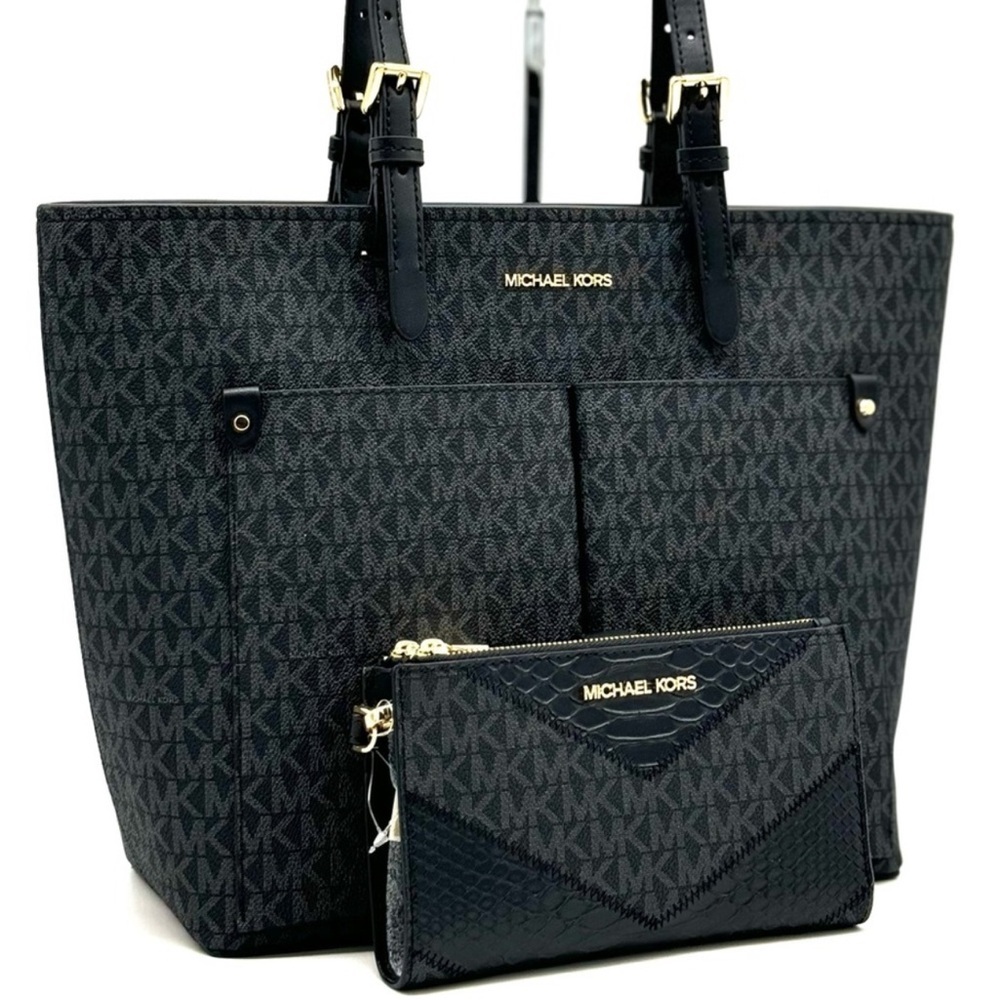 Michael Kors Jet Set Medium Pocket Tote Bag & Double Zip Wallet Black Multi